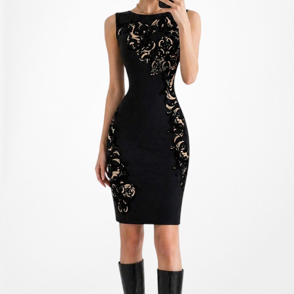 Vintage Y2K Black Knit Gold Embellished Knee Length Bodycon Dress Size M